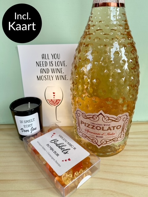 valentijn rose pakket met fles rose Prosecco, geurkaarsje, champagne gummies en kaart