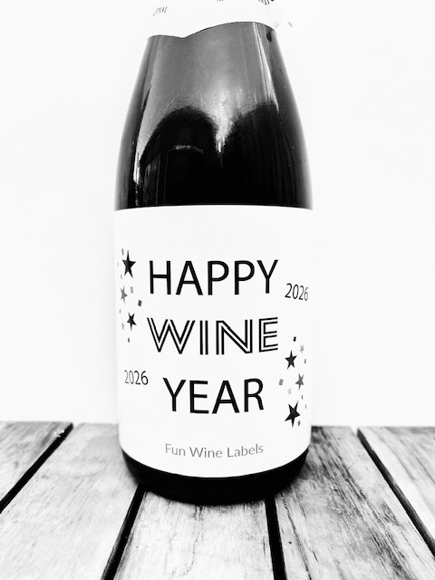 Wijnetiket Wine Year, is het perfecte etiket om op een fles Bubbels te plakken en mee te nemen naar een Nieuwjaarsfeest